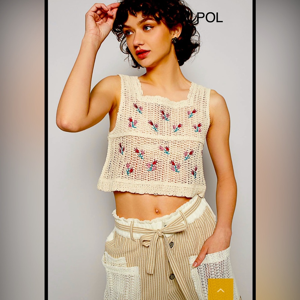 BP201-5⭐️POL Playful Cream Crochet top w/Floral accents perfect match2POL style